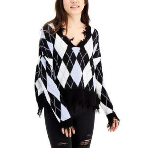 Just Polly Cropped Argyle Sweater Distressed Frayed Dark Academia Grunge Medium‎ - Picture 2 of 5